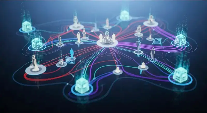 Abstract visualization of human and AI collaboration in organizational structures