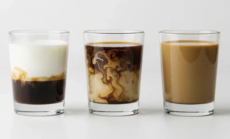 Coffee and milk mixing in three stages showing increasing entropy but peak sophistication in the middle stage