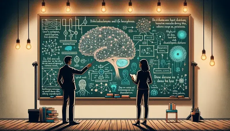 Illustration connecting machine learning concepts to life lessons with interconnected nodes and pathways
