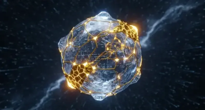 A crystalline medical device held together by golden repairs, embodying the philosophy of managed failure